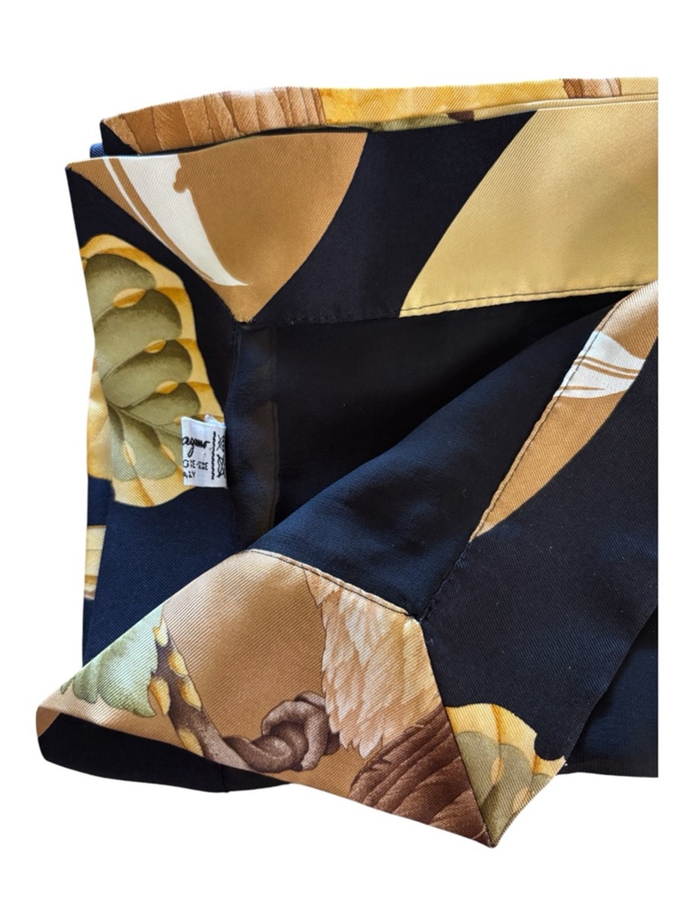 Salvatore Ferragamo Black and Gold Floral Silk Scarf NWOT 56 x 18
